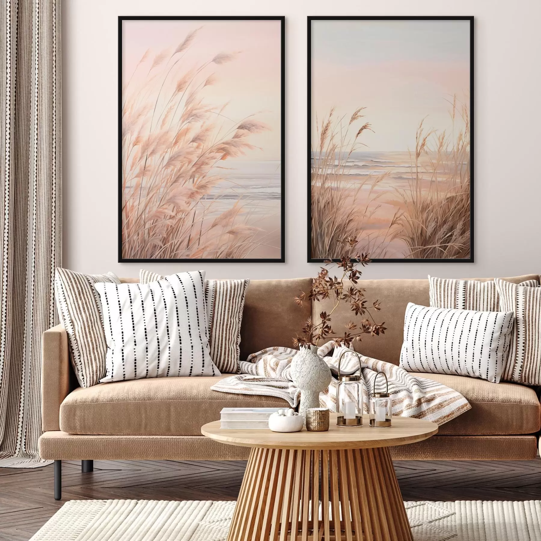 Fototapety Pampasová tráva s pastelovo oranžovou farebnou paletou, svetloružová obloha, pokojná krajina d00823