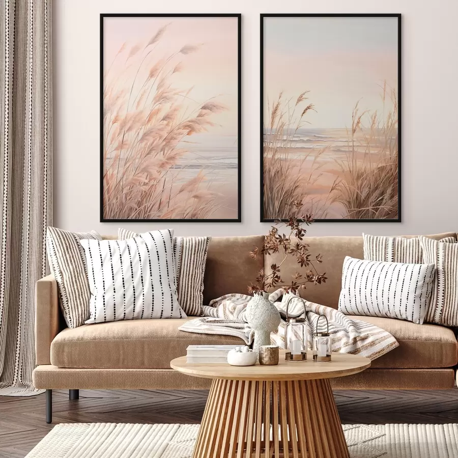 Fototapety Pampasová tráva s pastelovo oranžovou farebnou paletou, svetloružová obloha, pokojná krajina d00823