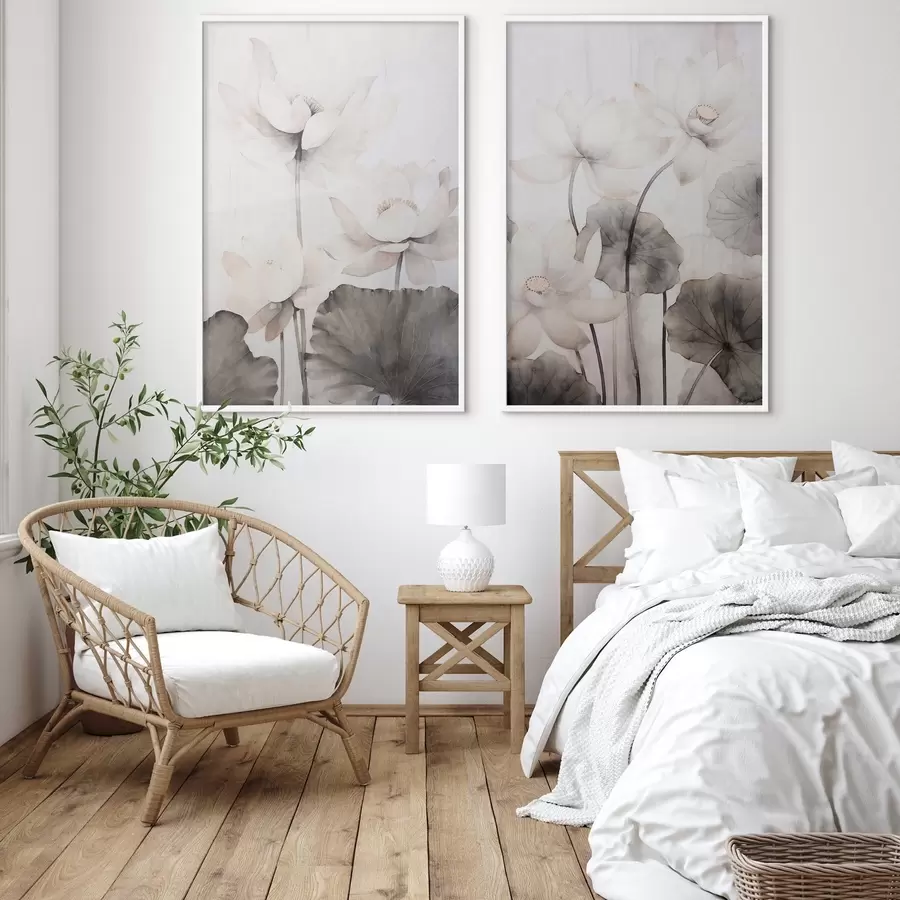 Fototapety Biele textúrované kvety lotosu s tmavými listami, svetlé pozadie, minimalistický dizajn d00824