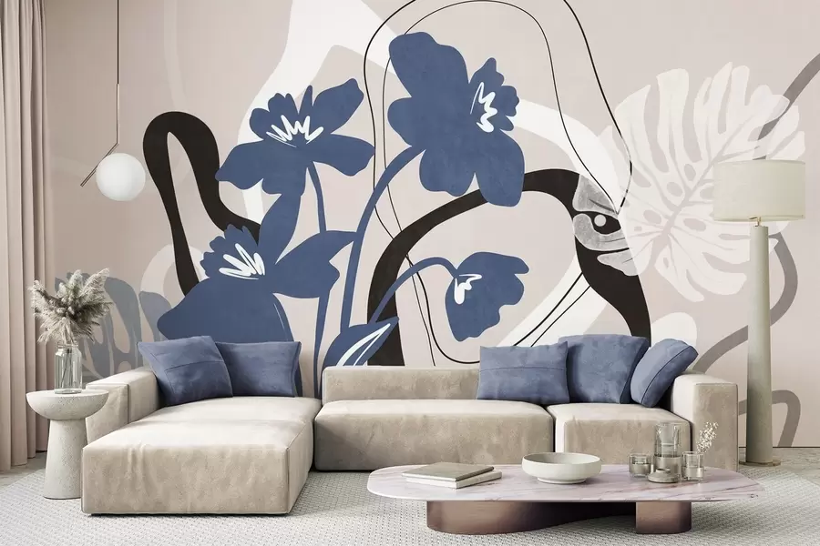 Fototapety Abstraktné modré kvety s bielymi a čiernymi tvarmi na svetlo béžovom pozadí, minimalistické umenie w09645