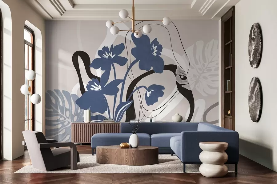 Fototapety Abstraktné modré kvety s bielymi a čiernymi tvarmi na svetlo béžovom pozadí, minimalistické umenie w09645