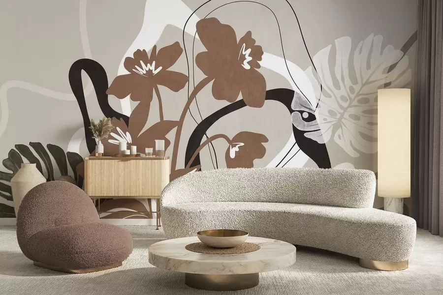 Fototapety Abstraktné hnedé kvety s bielymi a čiernymi tvarmi na béžovom pozadí, minimalistické umenie w09645v1