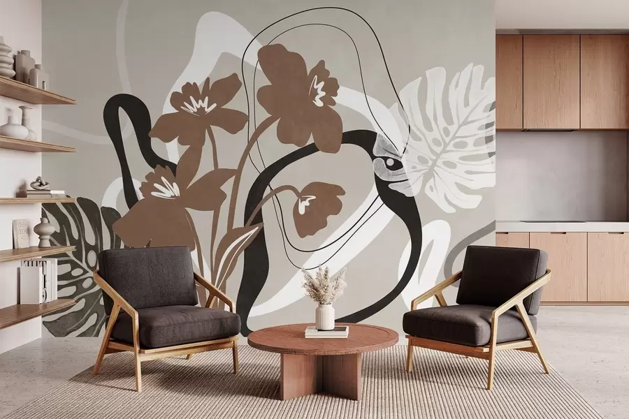 Fototapety Abstraktné hnedé kvety s bielymi a čiernymi tvarmi na béžovom pozadí, minimalistické umenie w09645v1