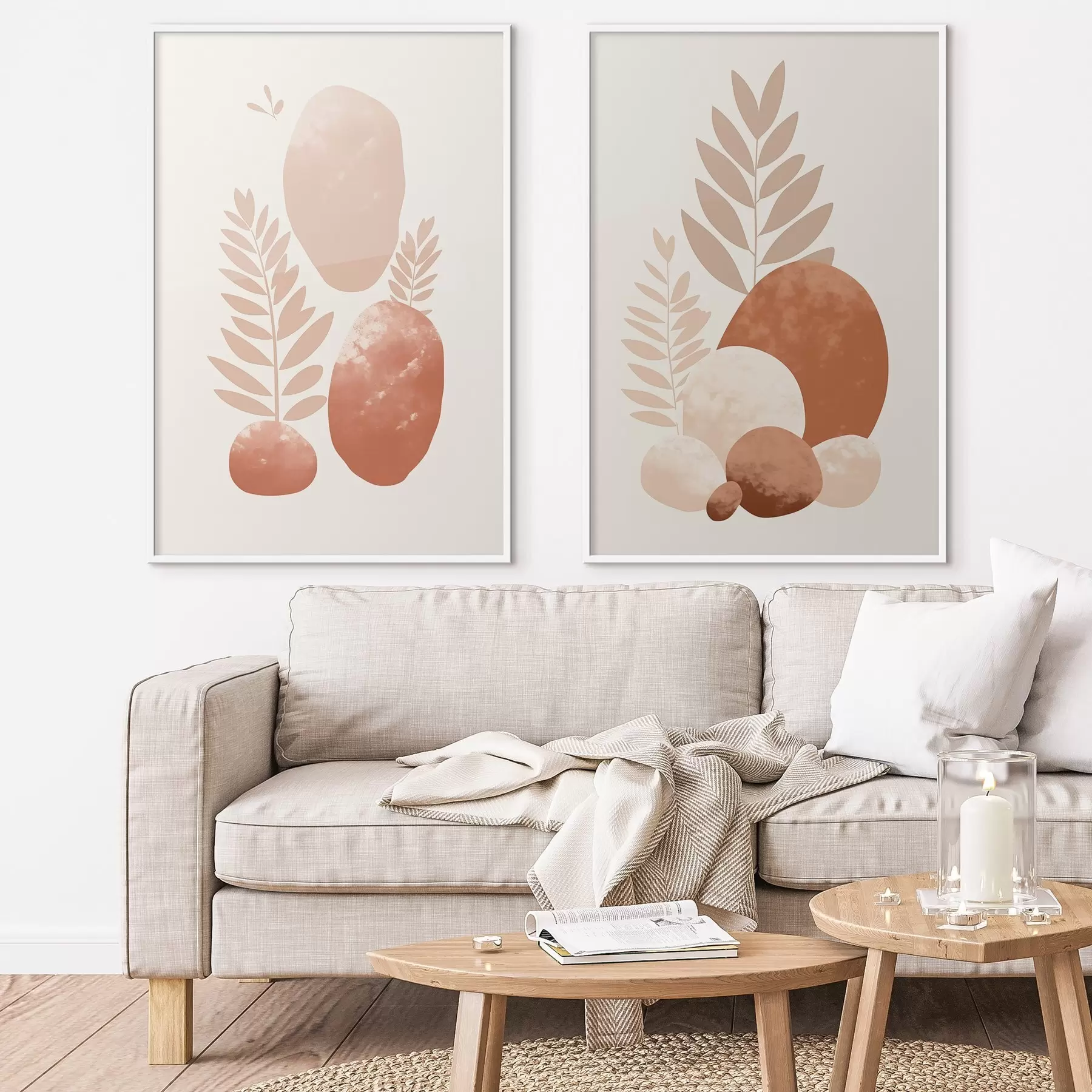 Fototapety Abstraktné tvary textúrovaných kameňov a listov v tlmených broskyňových a terakotových odtieňoch, minimalistické, krémové pozadie d01114