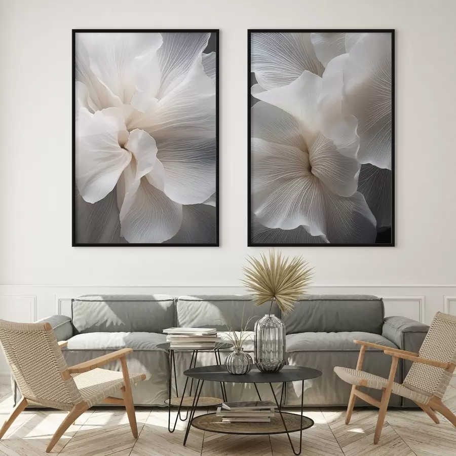 Fototapety Detail jemných abstraktných bielych okvetných lístkov so zložitými líniami a rozmazaným tmavým pozadím d01117