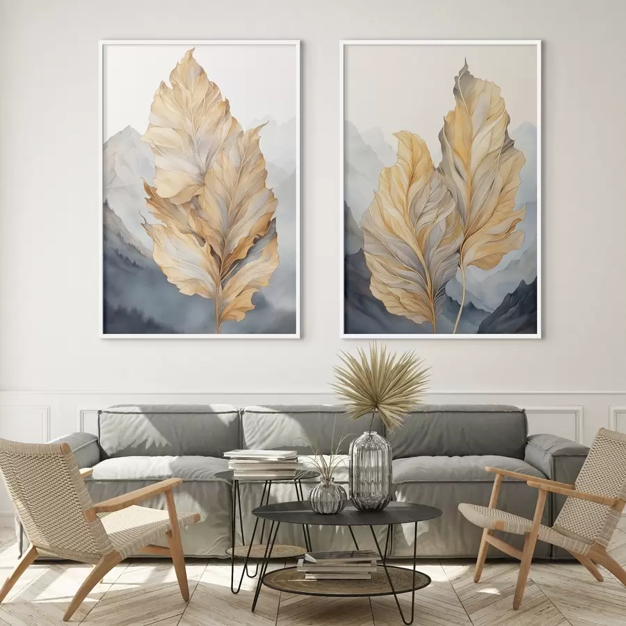 Fototapety Abstraktné veľké, žlté a hnedé listy so zložitými detailmi na pozadí horskej krajiny d01119