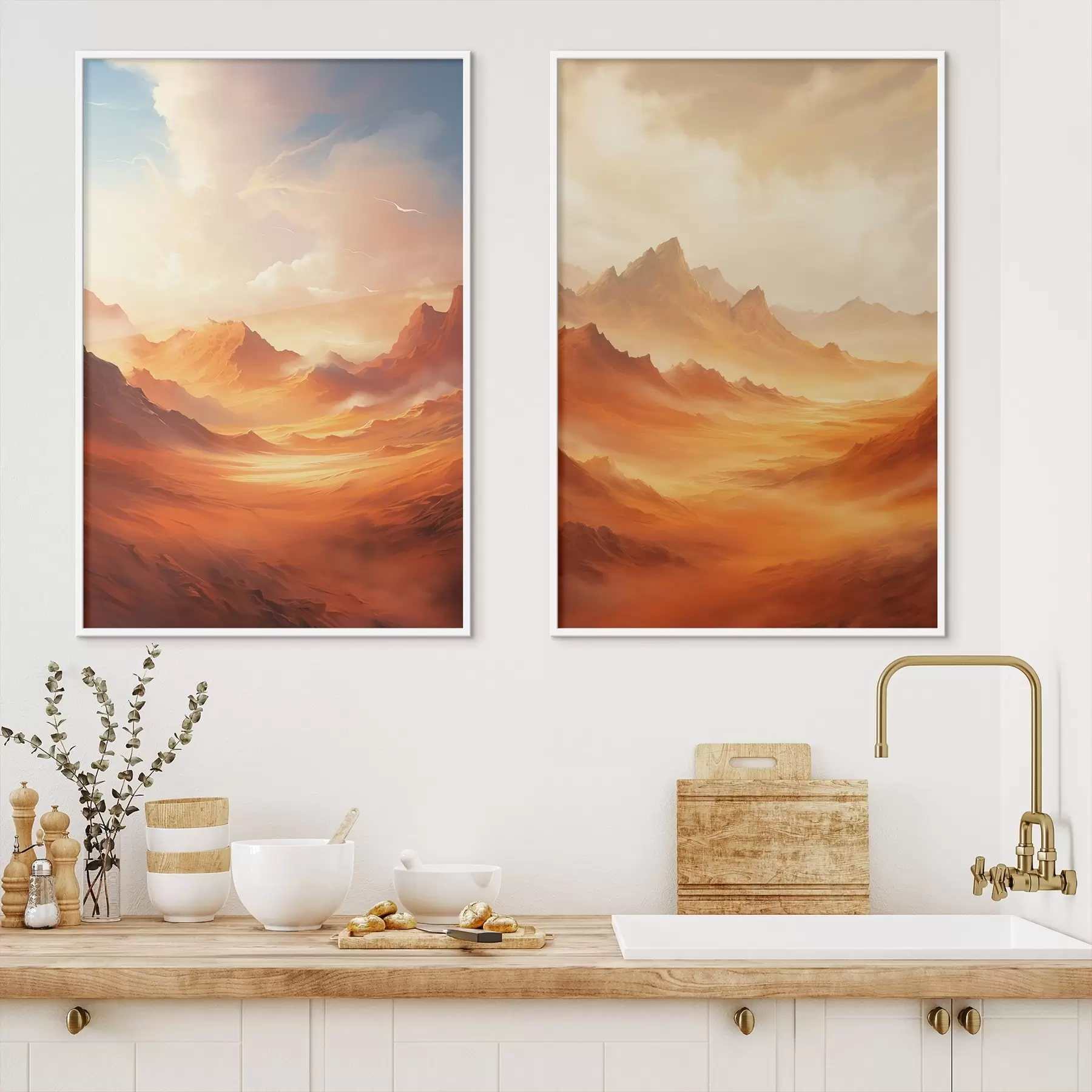 Fototapety Rozľahlá oranžová púštna krajina s vysokými skalnatými horami pod zamračenou, slnkom osvetlenou oblohou s riedkymi mrakmi. d01122