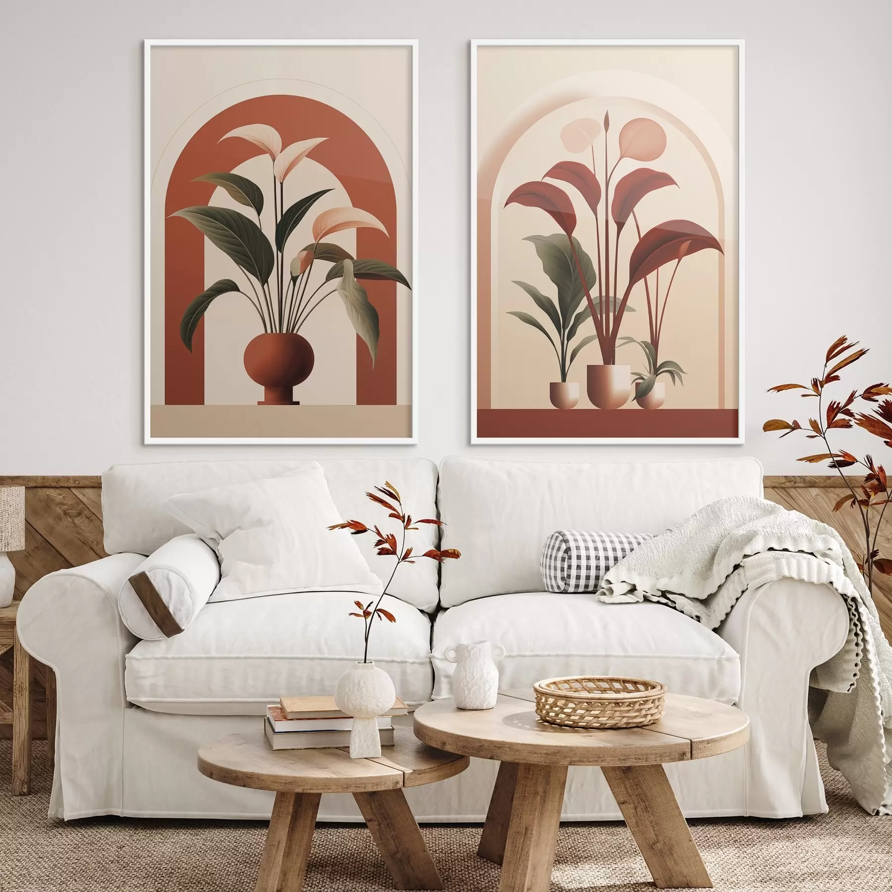 Fototapety Abstraktné rastliny v kvetináčoch s veľkými zelenými a červenými listami pred krémovou bránou d01124