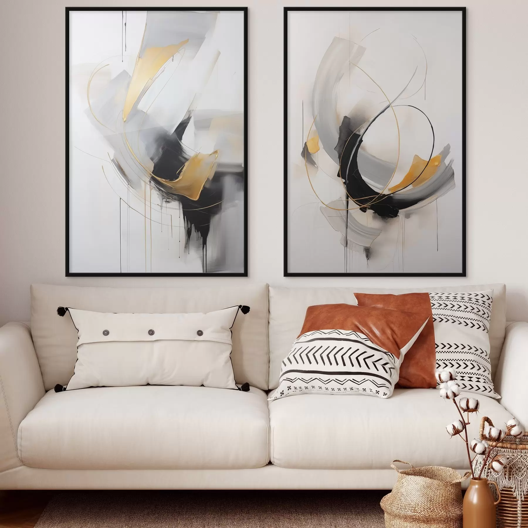 Fototapety Abstraktná maľba so žltými a čierno-bielymi imitáciami štetcom, dynamické línie d01125