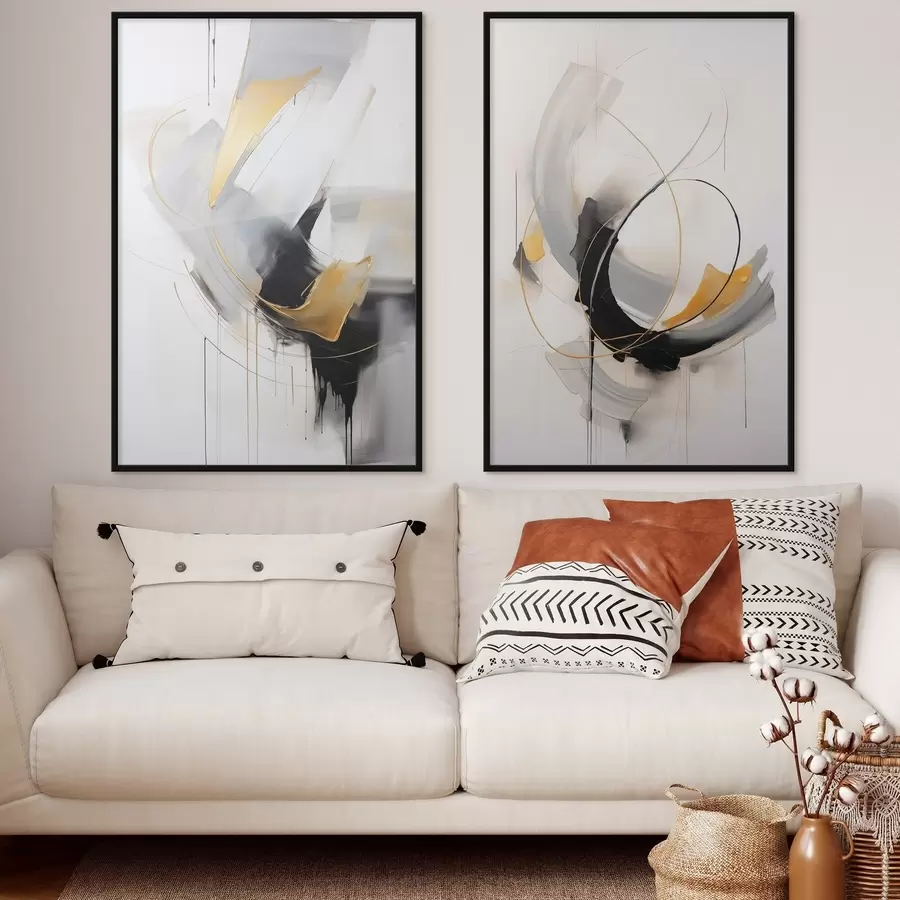 Fototapety Abstraktná maľba so žltými a čierno-bielymi imitáciami štetcom, dynamické línie d01125