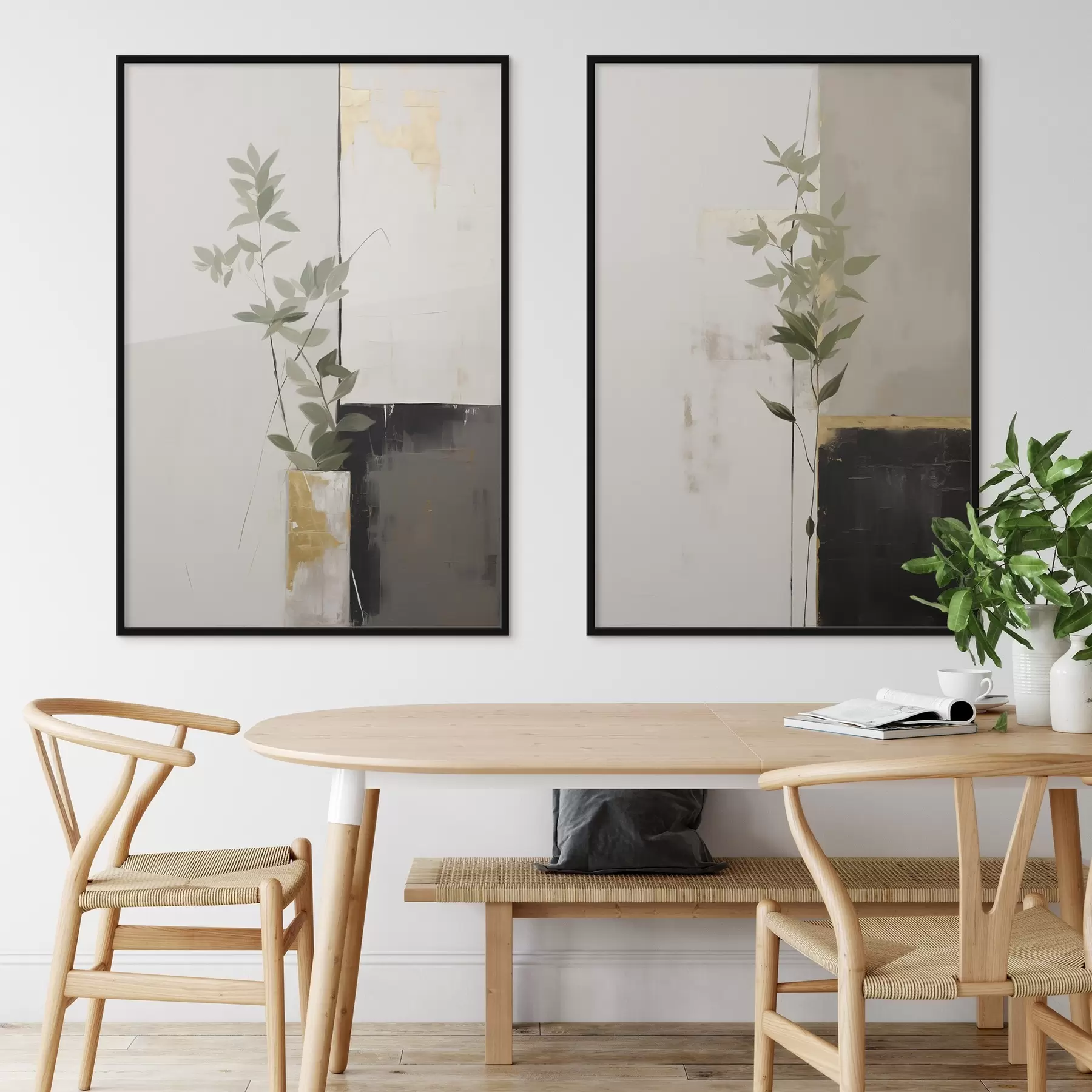 Fototapety Minimalistická textúrovaná maľba vázy so zelenými listami na pozadí abstraktných geometrických tvarov d01126