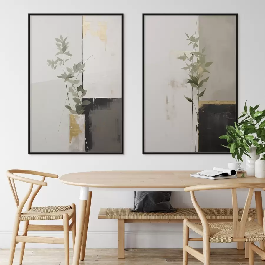 Fototapety Minimalistická textúrovaná maľba vázy so zelenými listami na pozadí abstraktných geometrických tvarov d01126