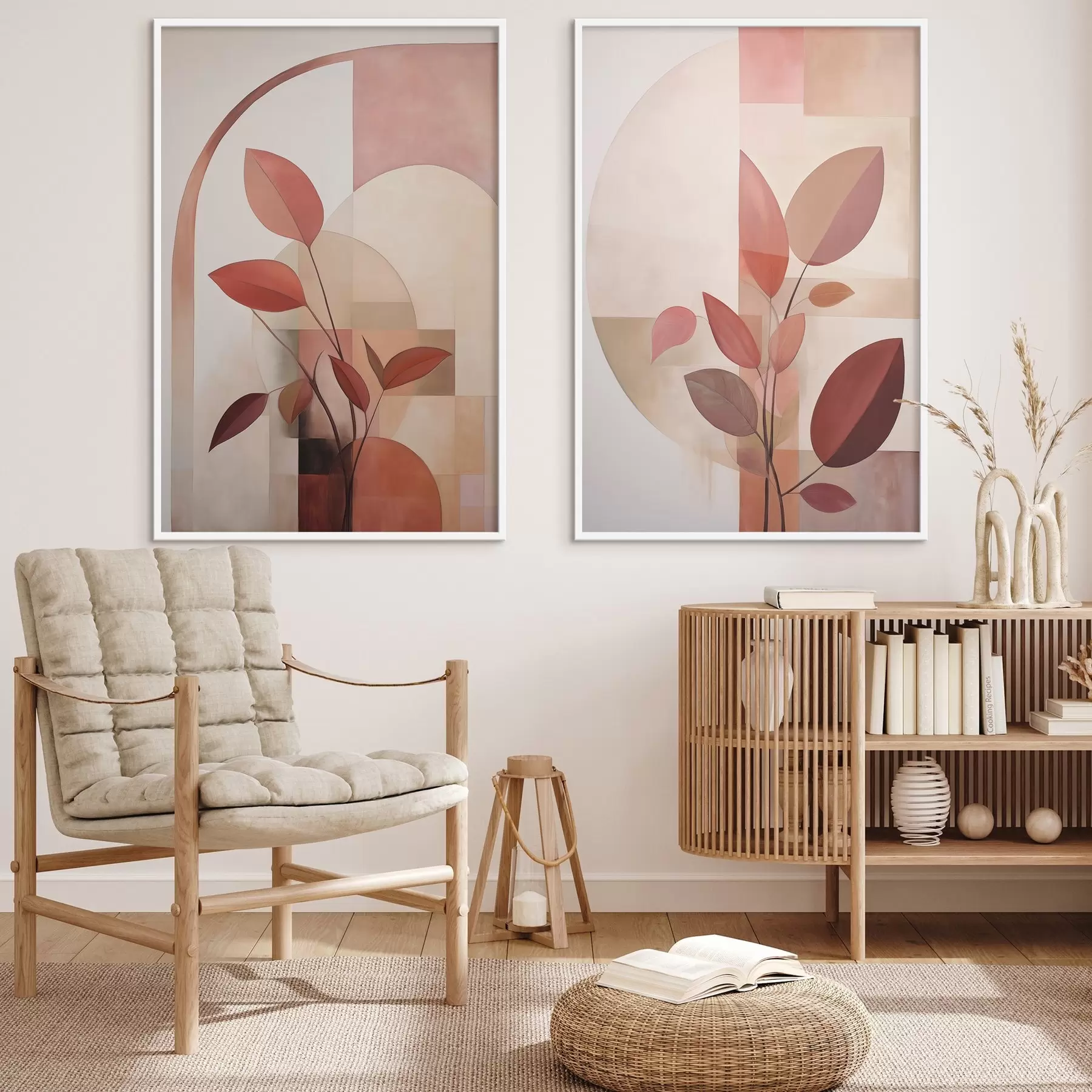 Fototapety Abstraktná rastlina s červenými listami na pozadí geometrických tvarov a jemných, tlmených farieb d01128