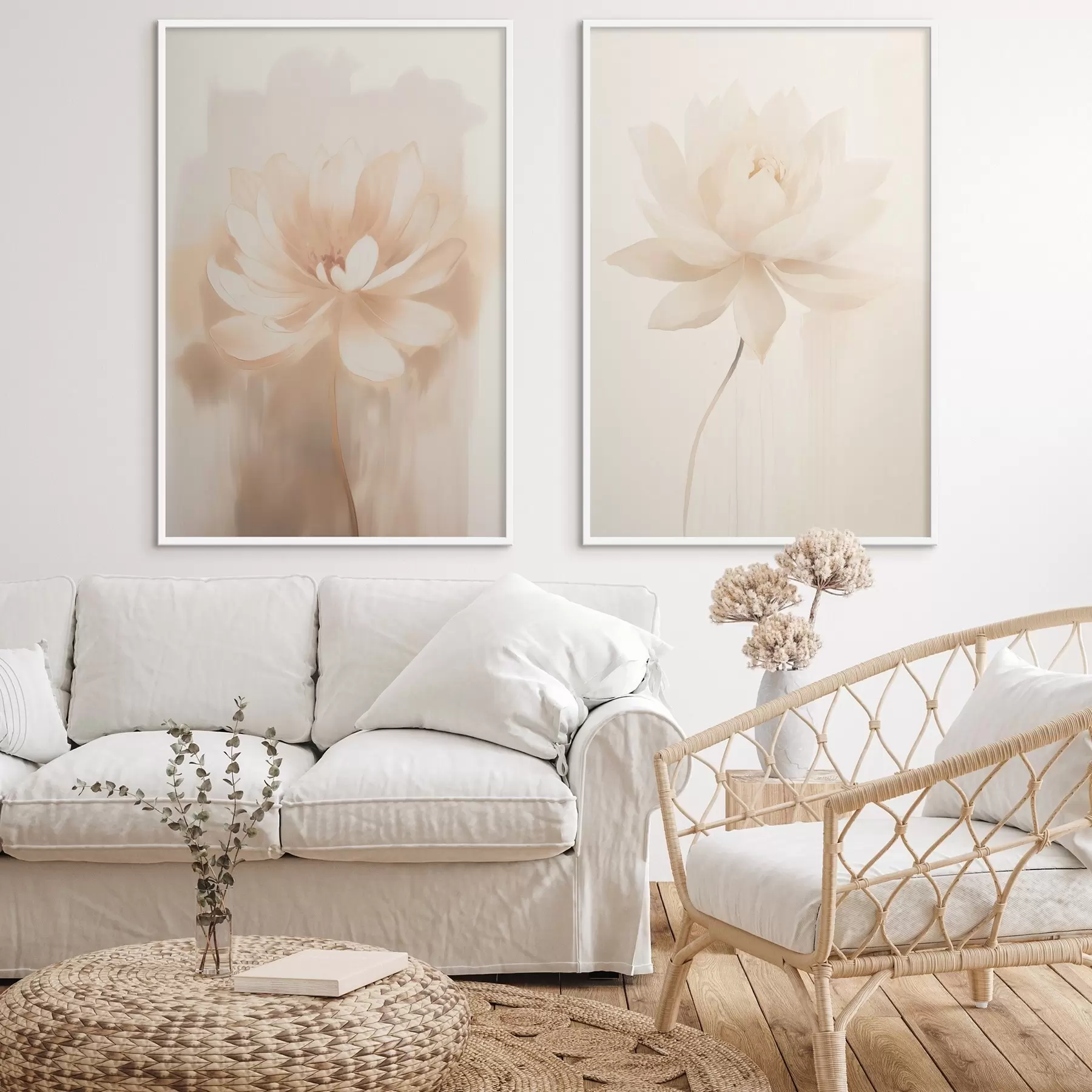 Fototapety Kvetinová kompozícia v teplých béžových odtieňoch s ľahkými ťahmi štetcom a vzdušným pozadím d01087