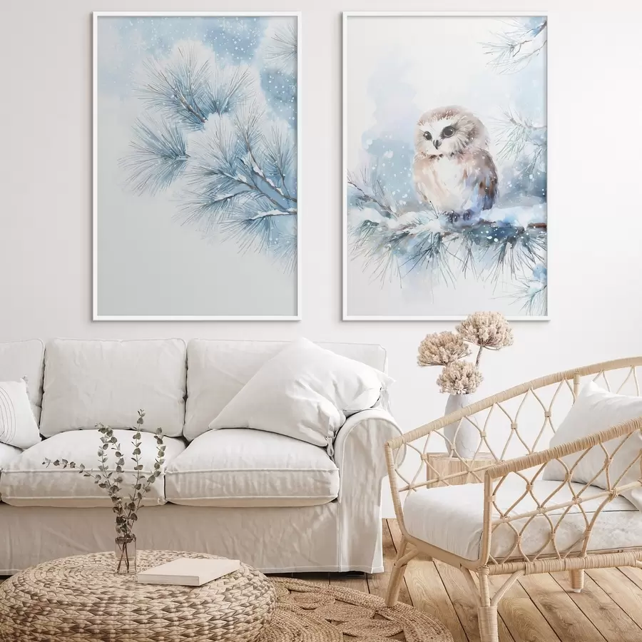 Fototapety roztomilá sova na zasneženej borovicovej vetve v akvarelovom štýle d01168