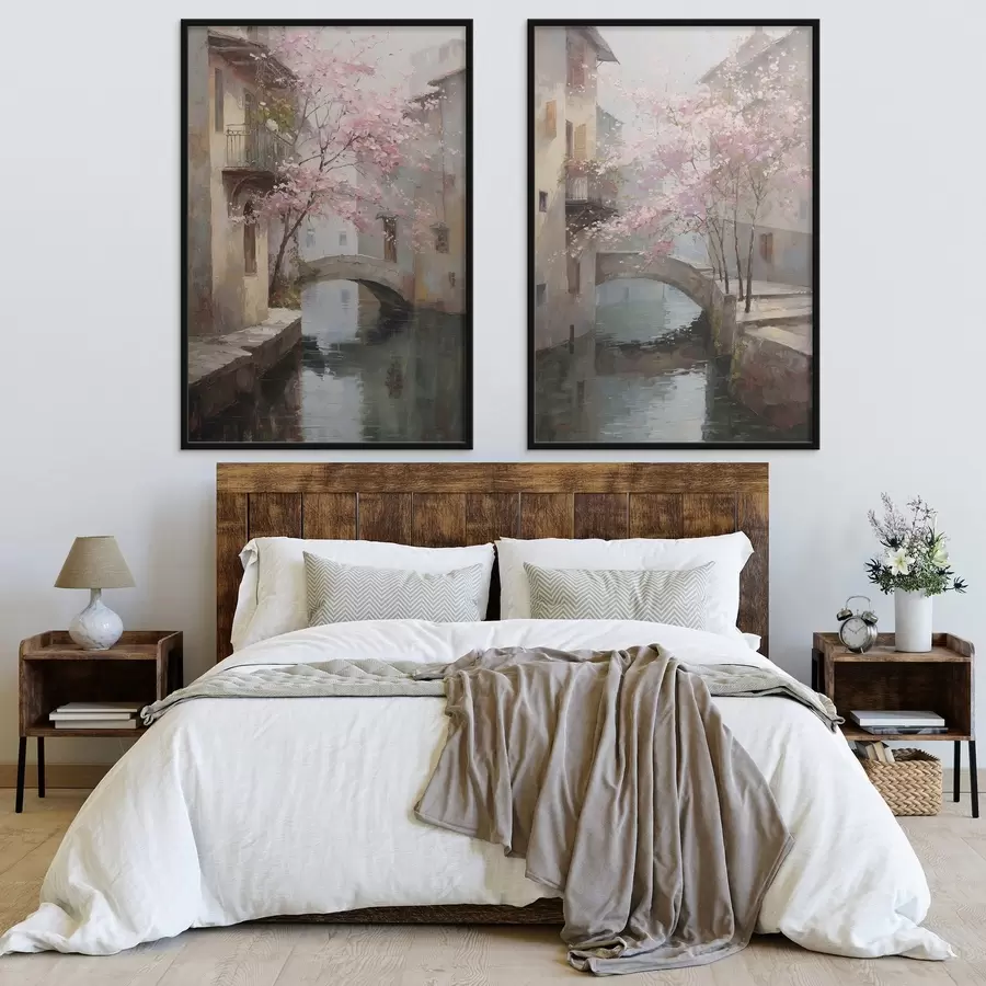 Fototapety romantický pohľad na mesto s kvitnúcim stromom v štýle olejomaľby d01173