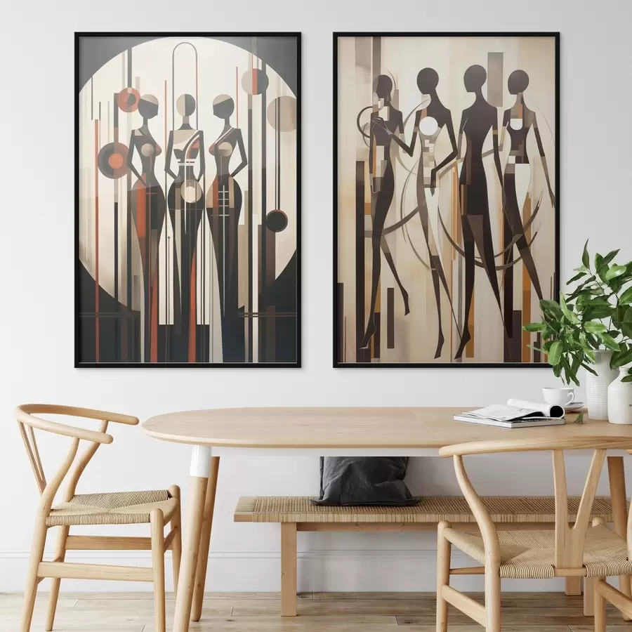 Fototapety Štylizované ženské postavy s geometrickými prvkami na abstraktnom pozadí vertikálnych čiar a kruhov d01237