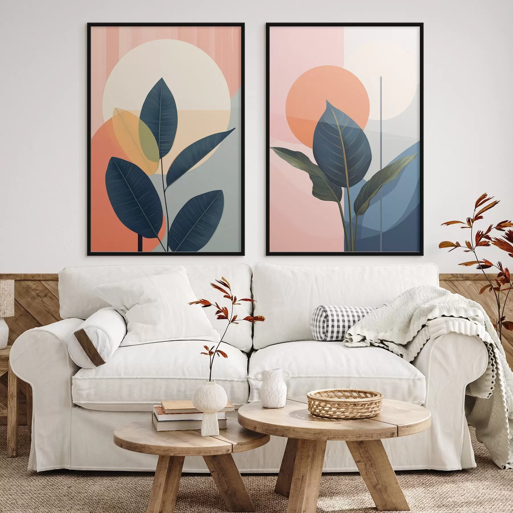 Fototapety Tmavé listy na pozadí abstraktných tvarov v broskyňovej a sivej farbe s veľkým bledožltým kruhom d01238