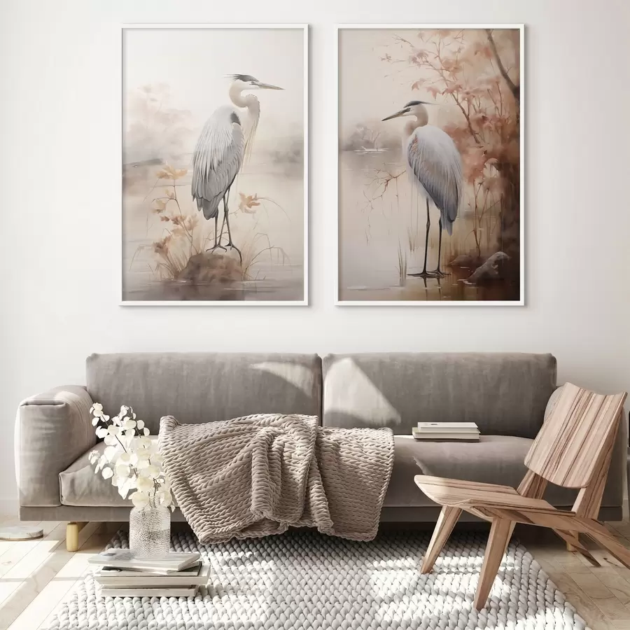 Fototapety Volavka stojí na skale v jazere s vysokou trávou a stromami v pozadí. d01239