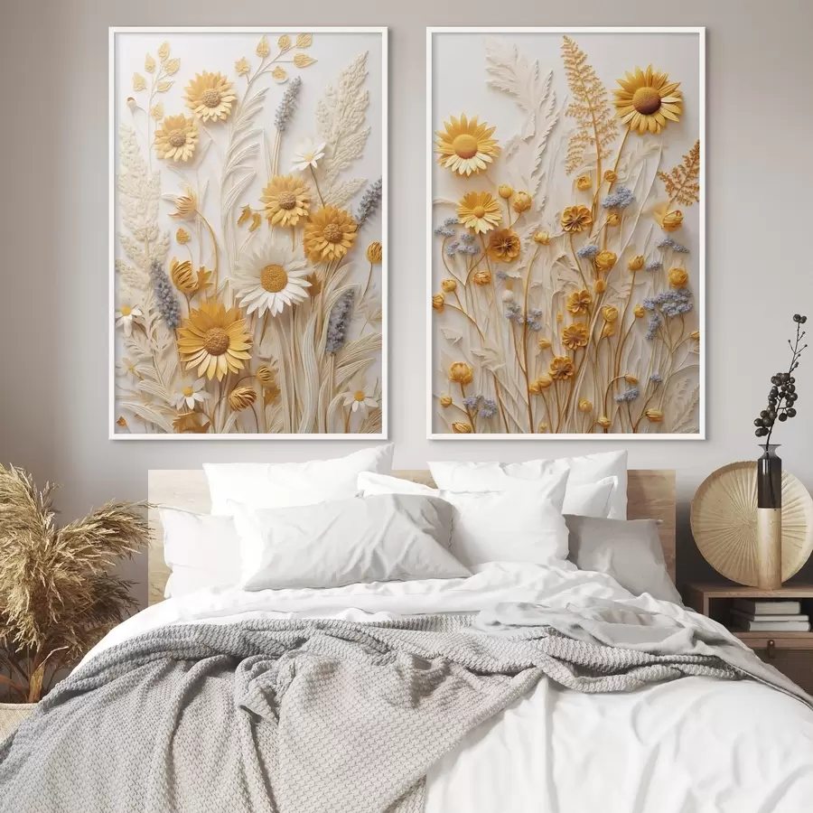 Fototapety Textúrovaná kolekcia žltých a bielych sedmokrások so sušenými trávami a vetvičkami levandule na bielom pozadí d01241