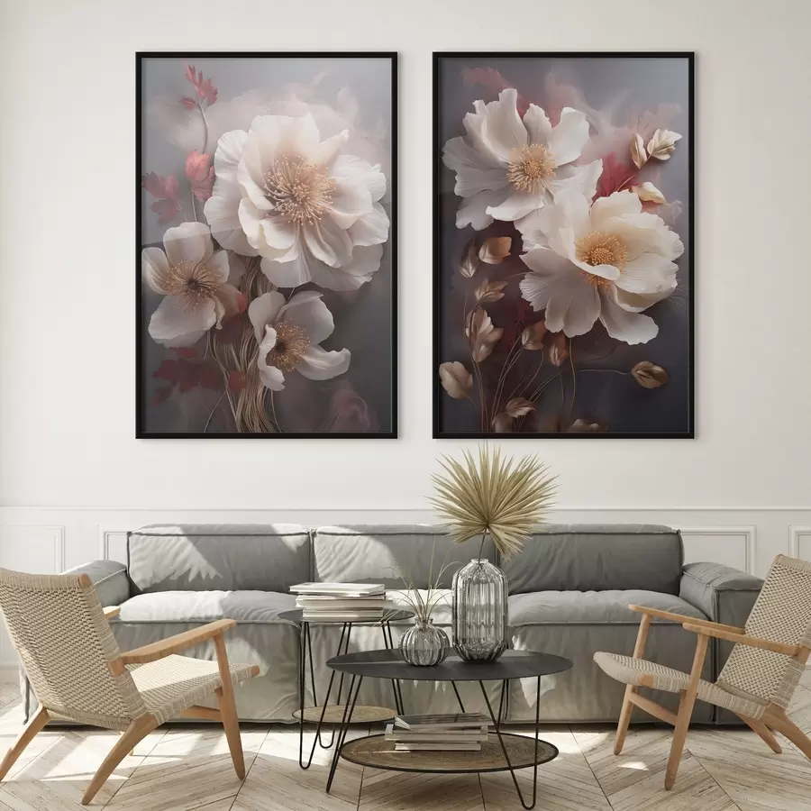 Fototapety Jemné pivonky s tenkými, jemnými okvetnými lístkami, obklopené tmavočervenými a žltými listami na abstraktnom pozadí d01243