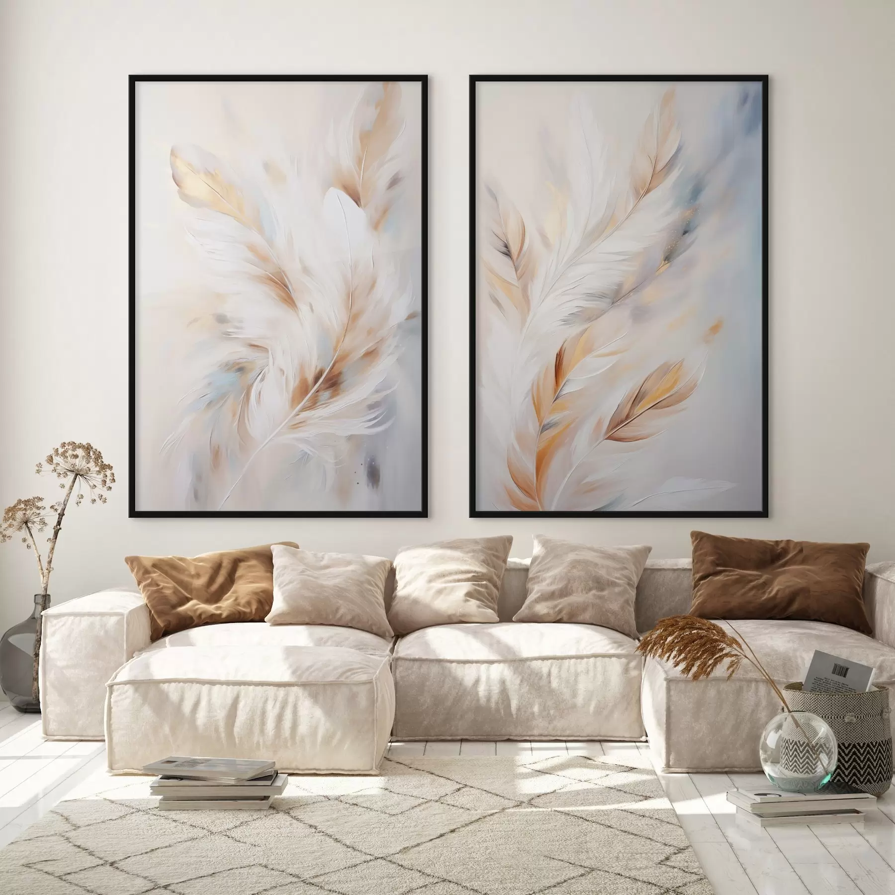 Fototapety Veľké, mäkké perie s kombináciou bielych, žltých a hnedých odtieňov na svetlom, abstraktnom pozadí. d01247