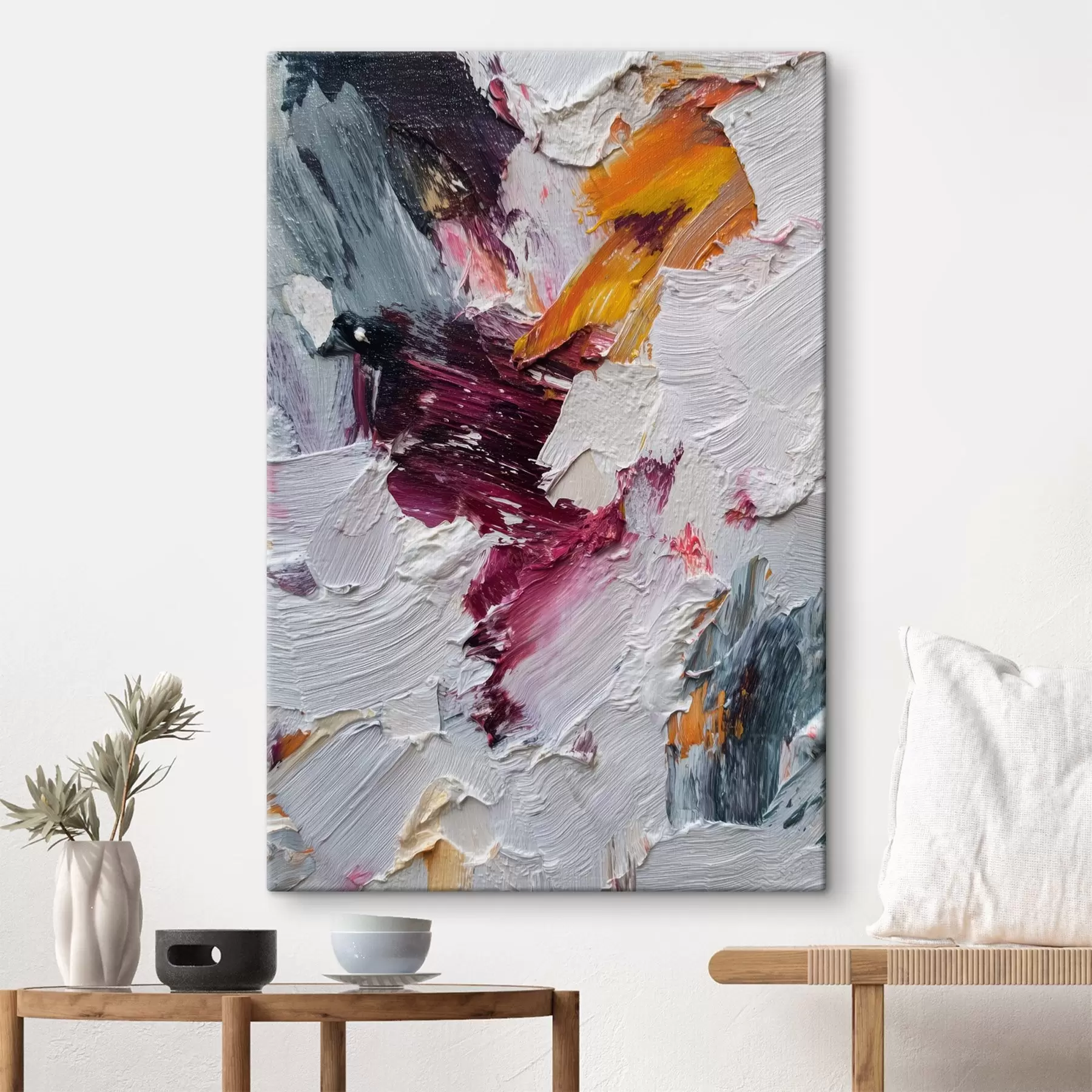 Obraz Abstraktná kompozícia s intenzívnymi čerešňovými a oranžovými ťahmi štetcom v štýle olejomaľby s46959