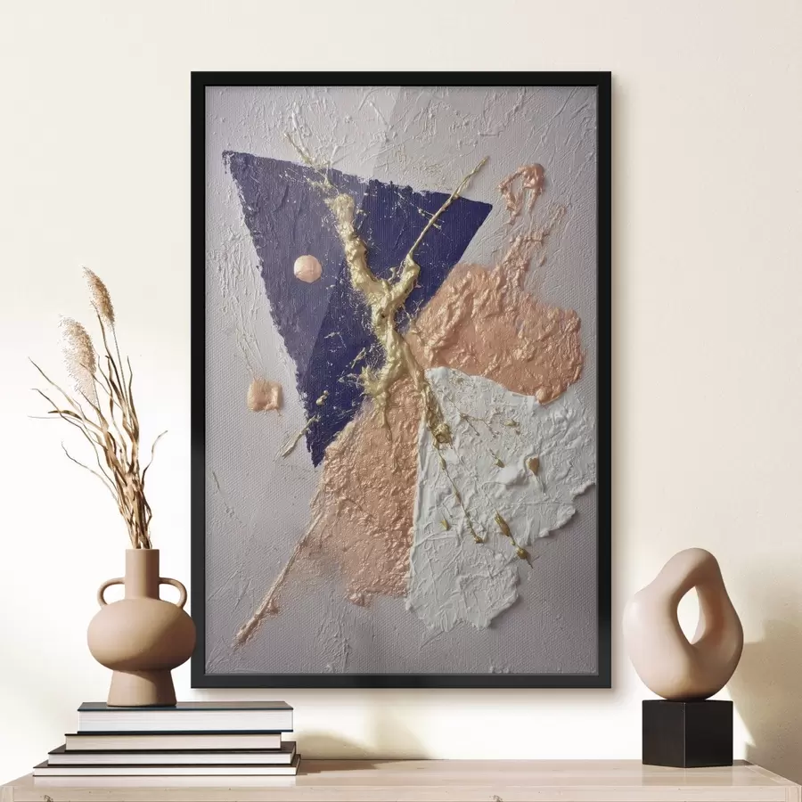 Fototapety Abstraktná kompozícia s tmavomodrým trojuholníkom a reliéfnymi ťahmi štetcom v štýle olejomaľby f46953