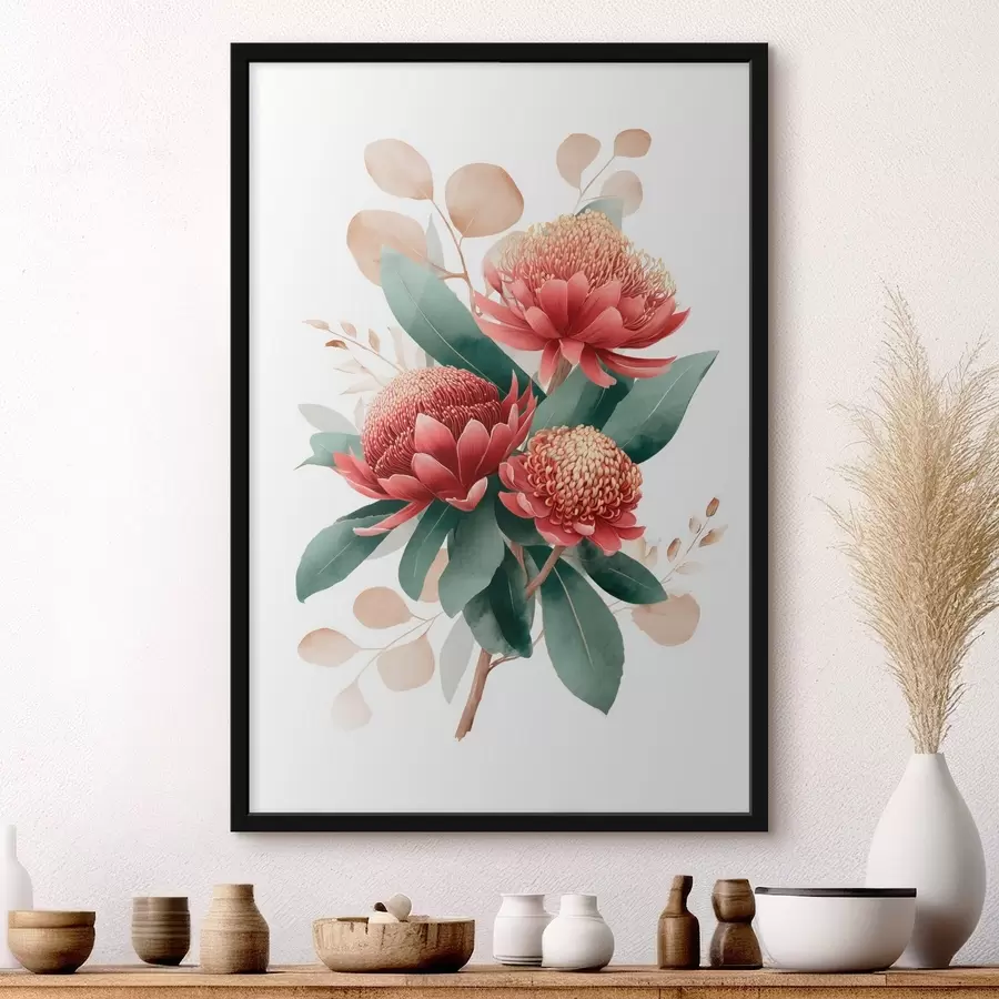 Fototapety Výrazná kytica proteí a dekoratívnych listov v štýle modernej umeleckej ilustrácie f46954