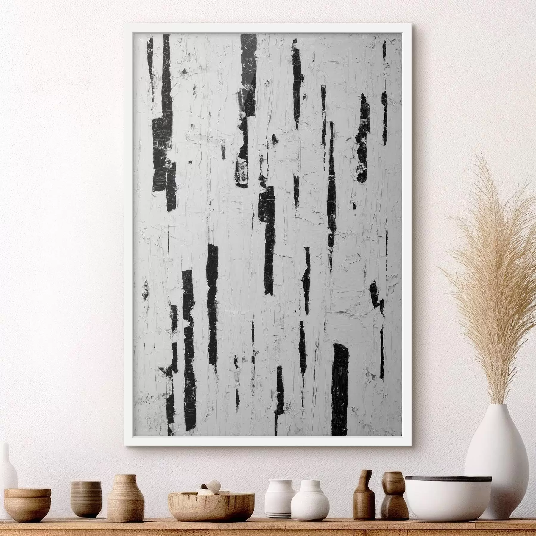 Fototapety Abstraktná kompozícia s čiernymi vertikálnymi ťahmi štetcom na bielom pozadí v štýle olejomaľby f46956