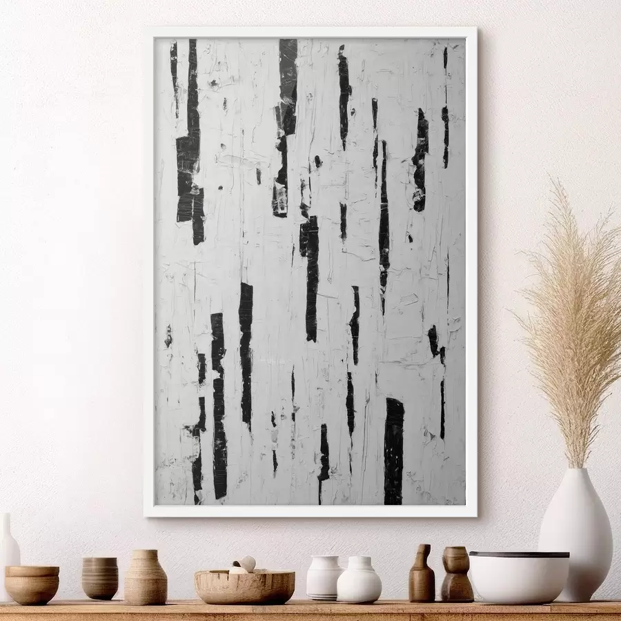 Fototapety Abstraktná kompozícia s čiernymi vertikálnymi ťahmi štetcom na bielom pozadí v štýle olejomaľby f46956