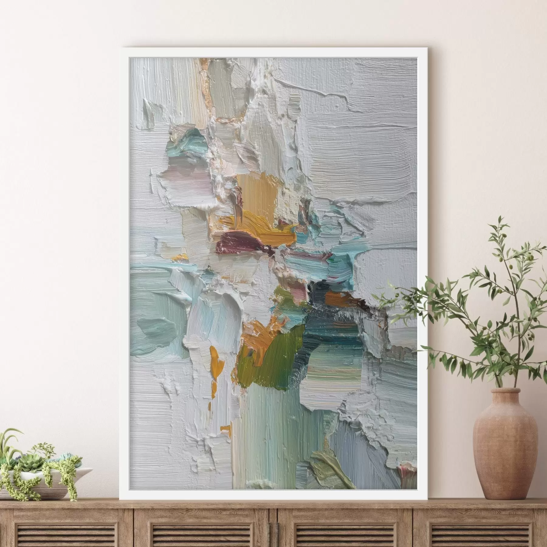 Fototapety Kompozícia s tyrkysovými a oranžovými akcentmi v štýle olejomaľby f46958