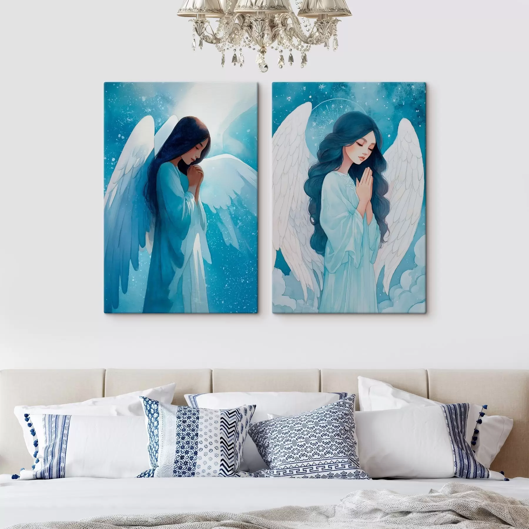 Obraz Moderné sakrálne umenie v akvarelovom štýle s obrazom anjela strážcu v modrých šatách m01153