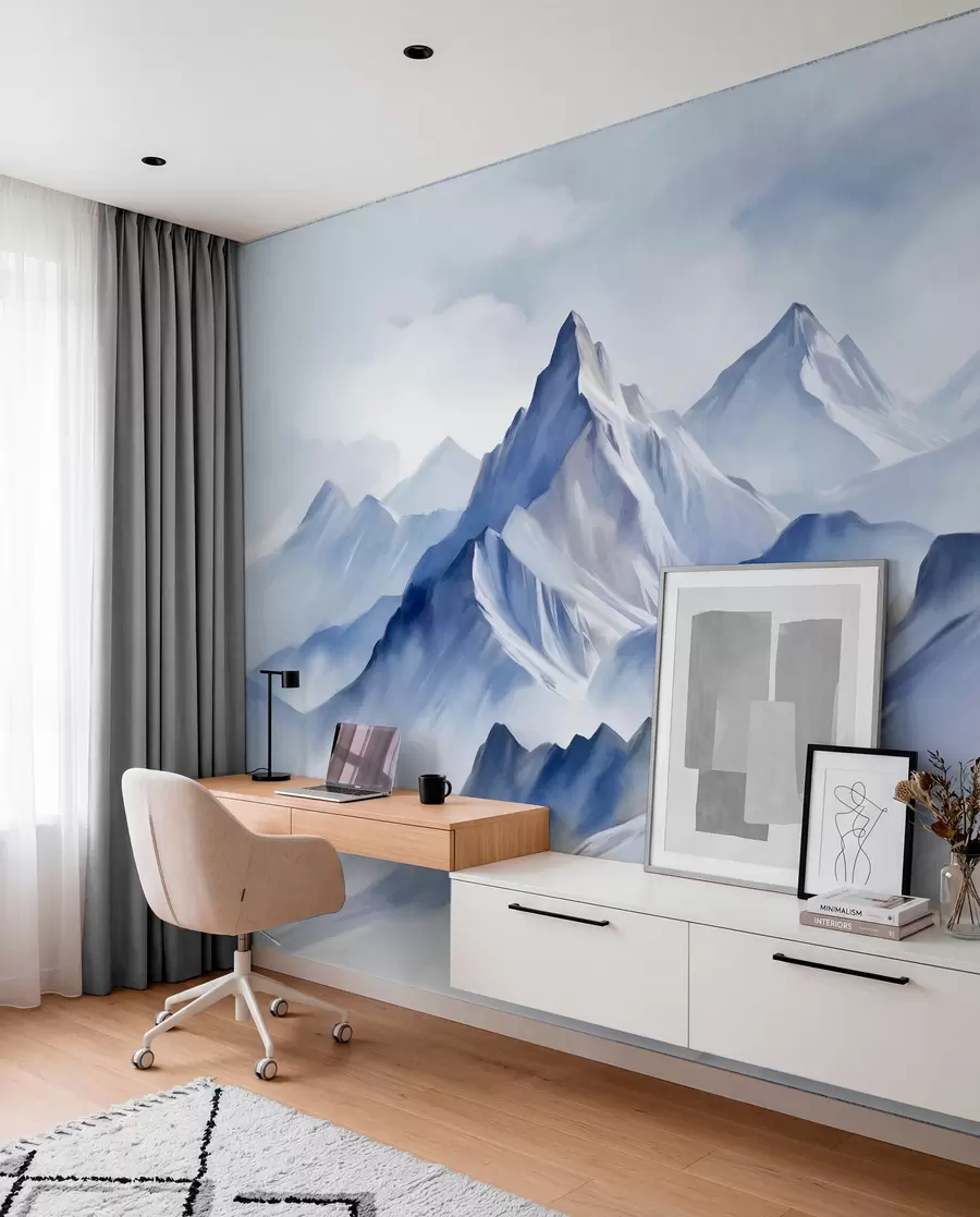 Fototapety Textúrované zasnežené hory s jemným akvarelovým efektom a paletou modrej a bielej farby w09630