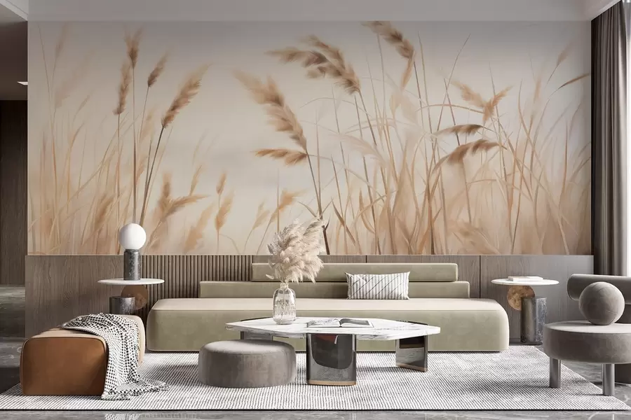 Fototapety Vysoká, textúrovaná suchá tráva s klasmi pšenice na poli na jemnom, bledom pozadí w09648