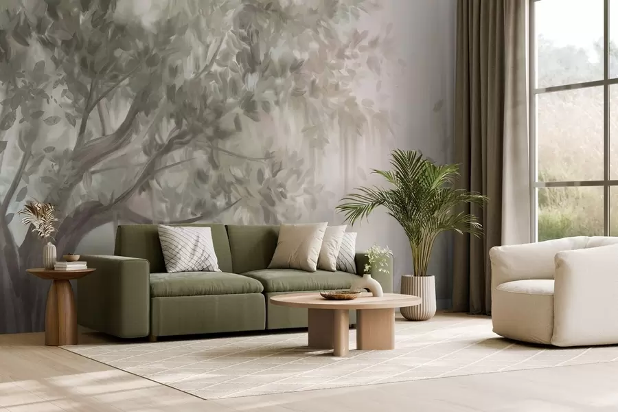 Fototapety Textúrovaný strom so svetlozelenými listami a vetvami, s jemným, zamatovým pozadím w09650