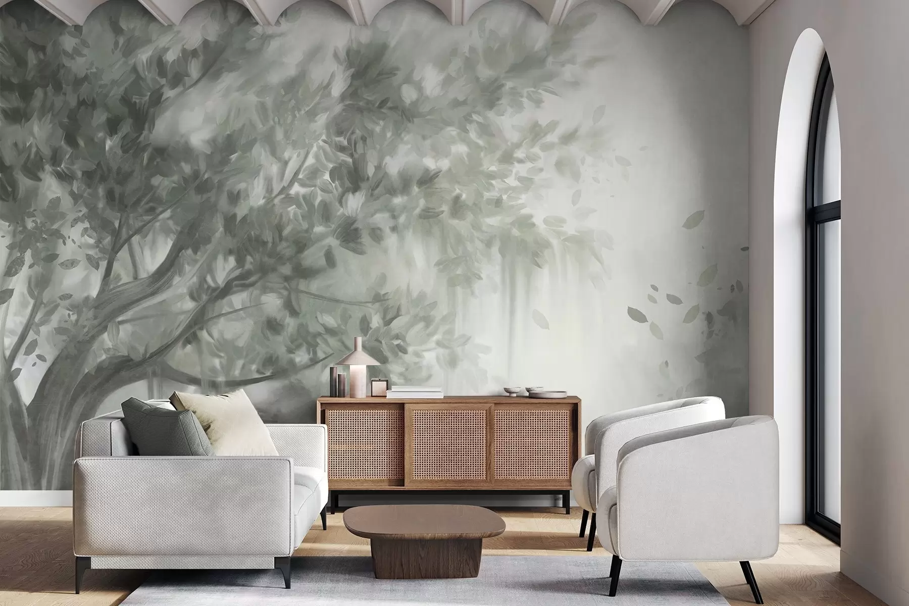 Fototapety Textúrovaný strom so zelenými listami a vetvami, s jemným, rozmazaným pozadím w09650v1