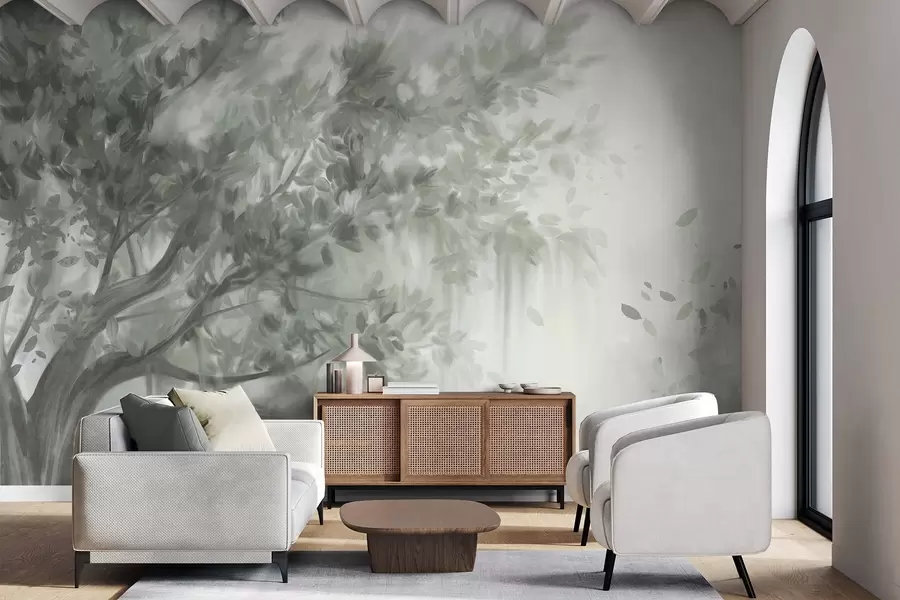 Fototapety Textúrovaný strom so zelenými listami a vetvami, s jemným, rozmazaným pozadím w09650v1