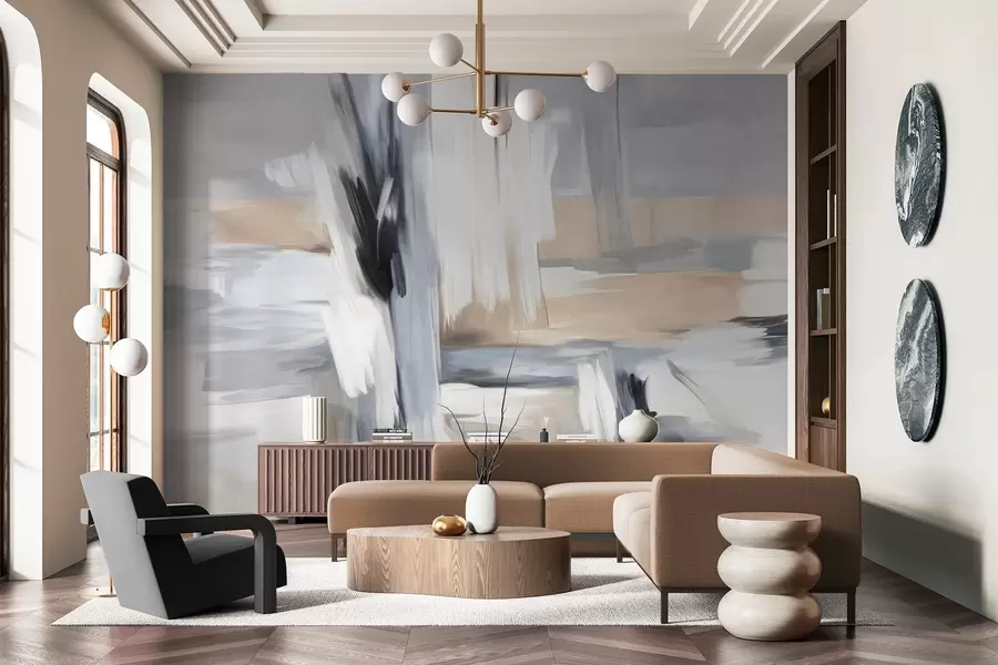 Fototapety Abstraktný štýl maľby s textúrou a ťahmi štetcom v odtieňoch bielej, šedej a béžovej w09651