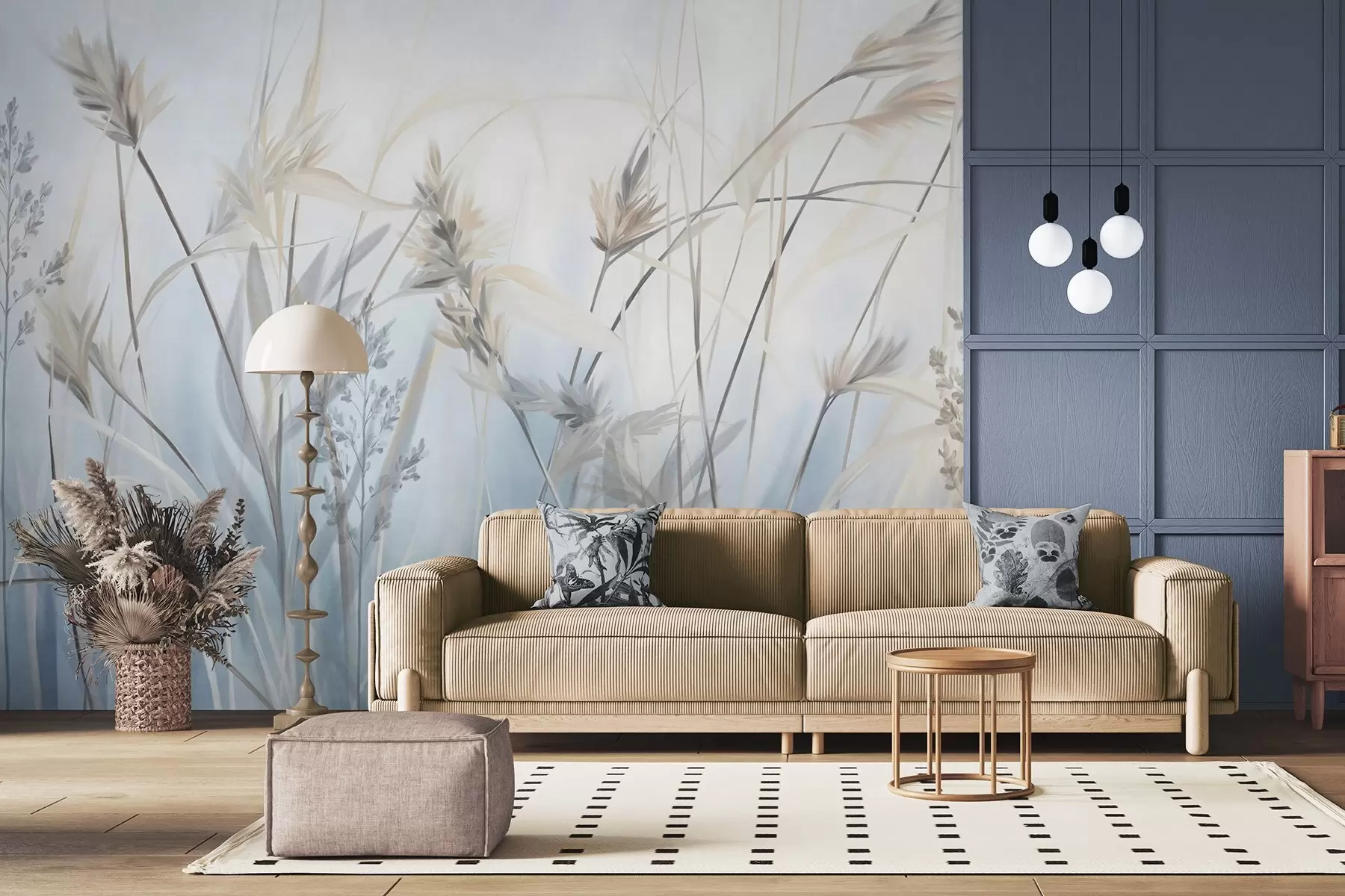 Fototapety Vysoké, suché steblá trávy s pierkovitými vrcholkami v tlmených odtieňoch, mäkké, zamatovo modré a biele pozadie w09652