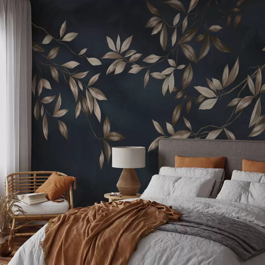 Fototapety Dekoratívne lístnaté vetvy na tmavomodrom pozadí w05113v1