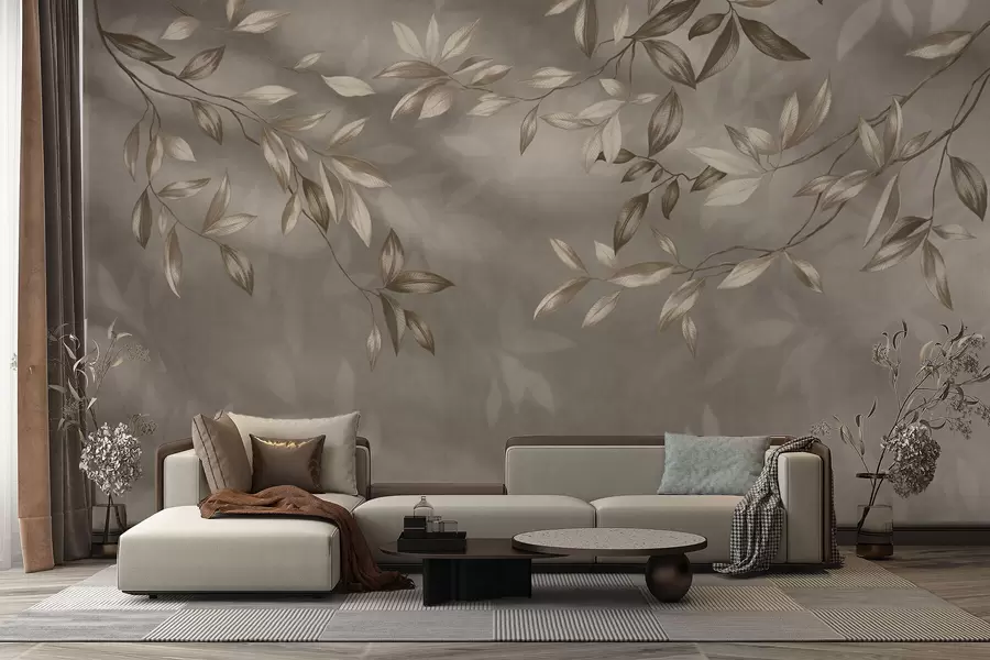 Fototapety Jemné listnaté vetvy v béžových odtieňoch na svetlom pozadí w05113v2