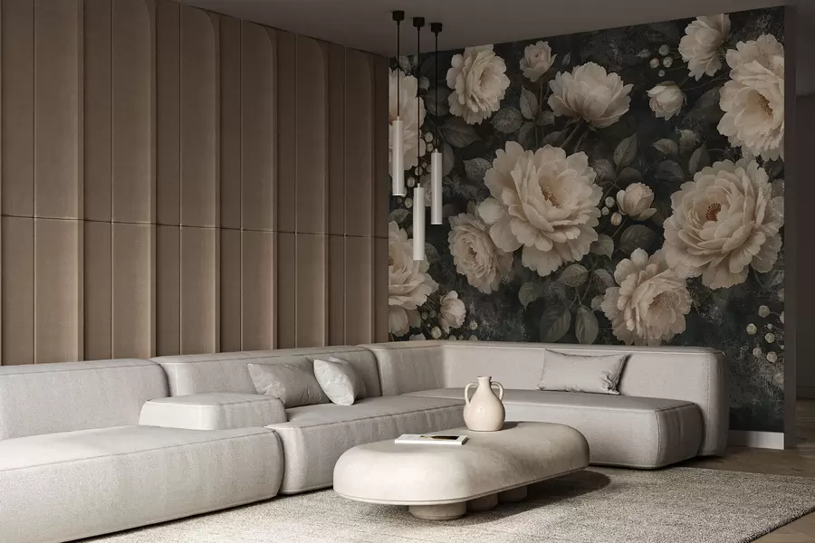 Fototapety Objemné kvety v béžovej palete na tmavom pozadí w05114