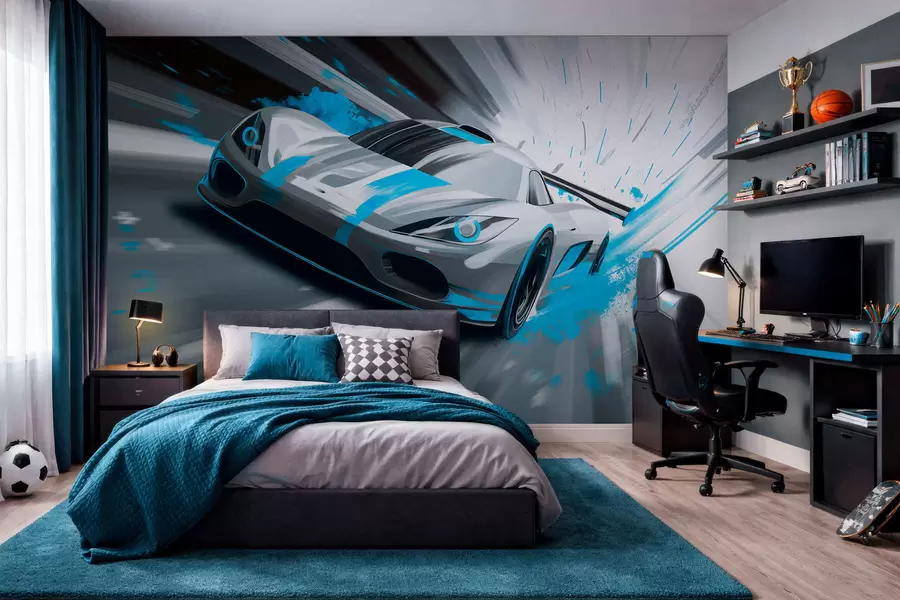 Fototapety dynamické športové auto v digitálnom štýle kresby s tyrkysovými akcentmi w05069v3