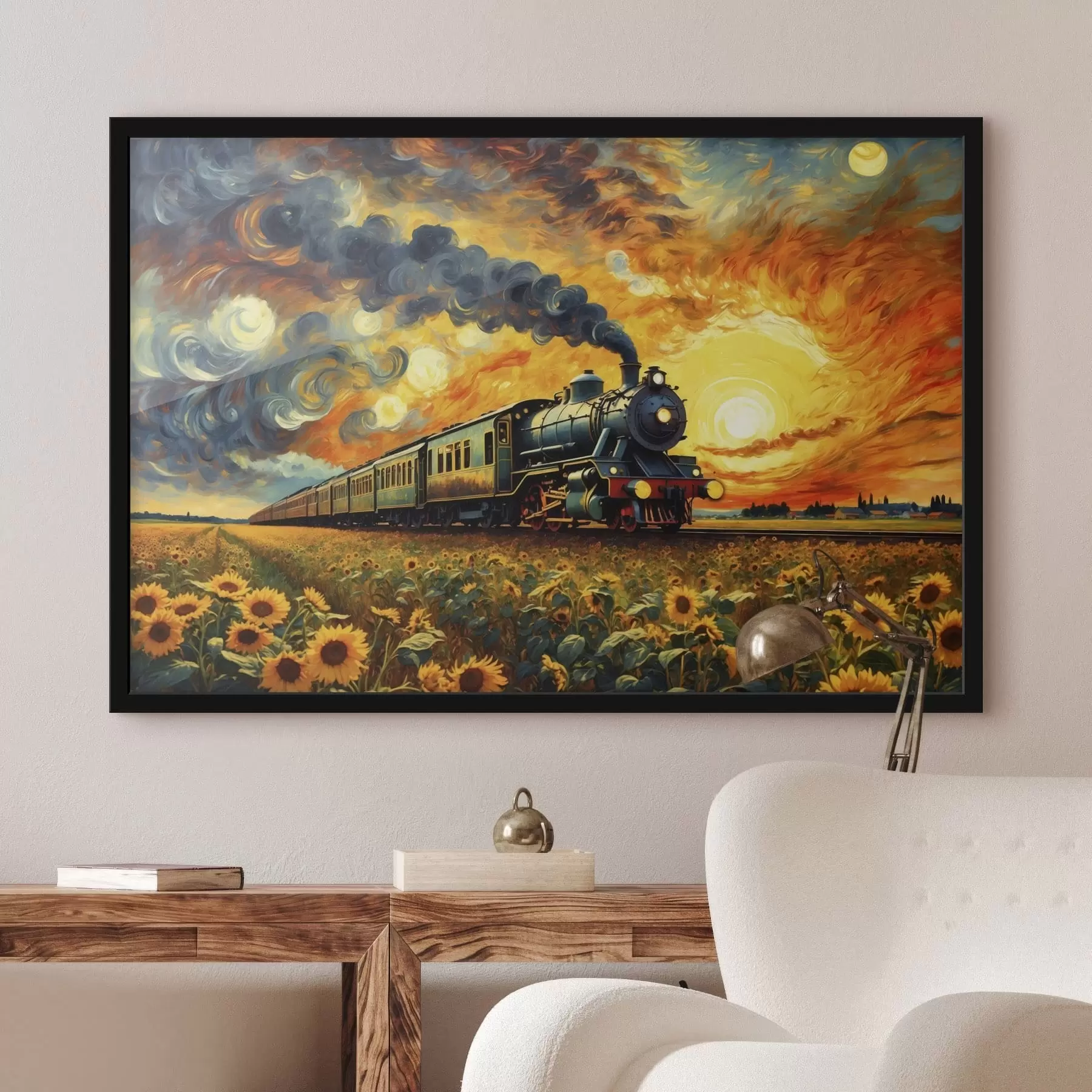 Obraz Parný vlak na poli s dramatickou oblohou f47257