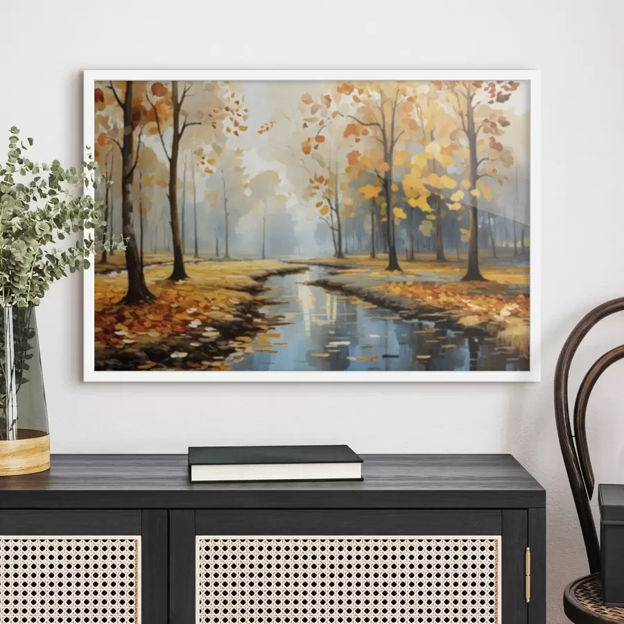 Fototapety Jesenný les s potokom a žltými listami f47278