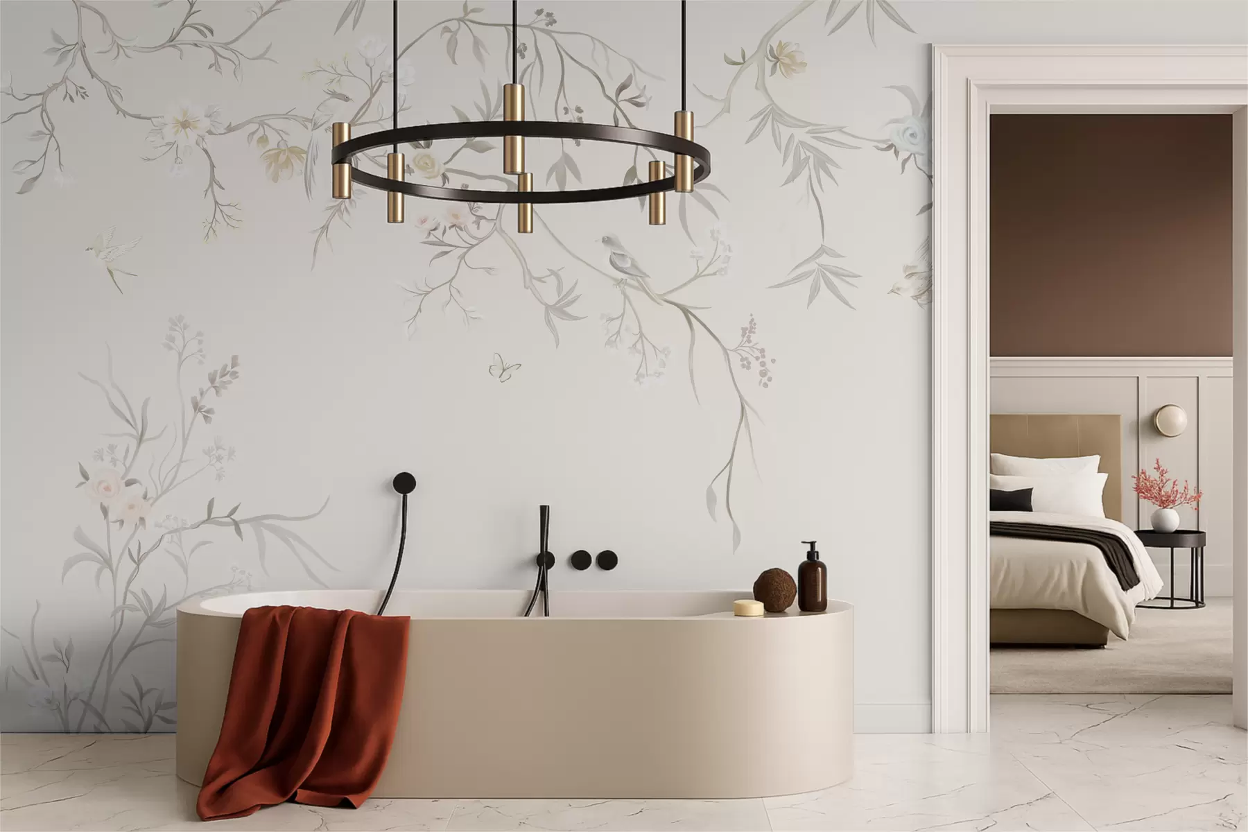 Fototapety Jemné kvety a vtáky na kriedovom pozadí w05127