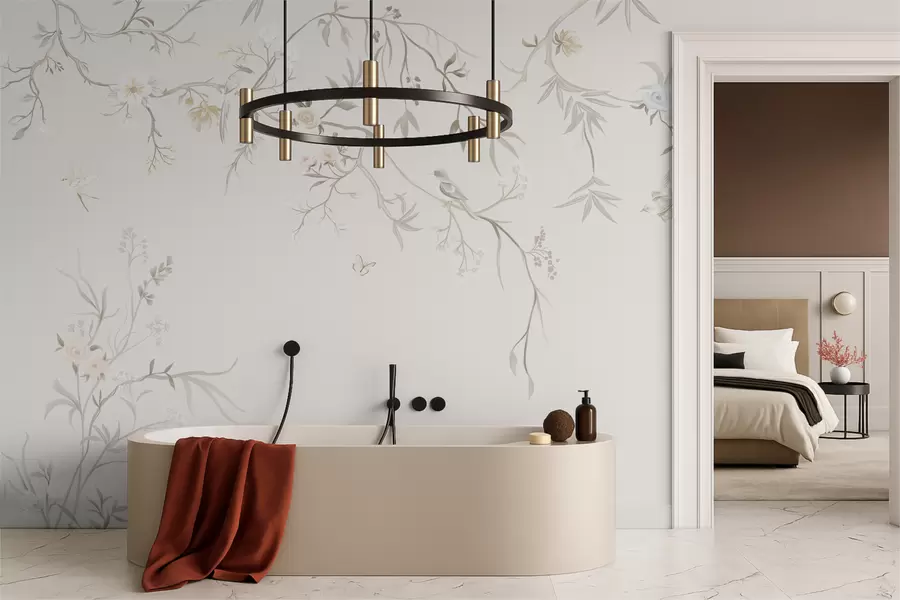 Fototapety Jemné kvety a vtáky na kriedovom pozadí w05127