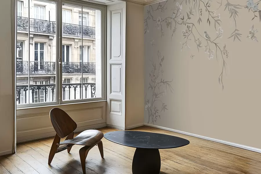 Fototapety Kvetinové vetvy s vtákmi na teplom béžovom pozadí w05127v1