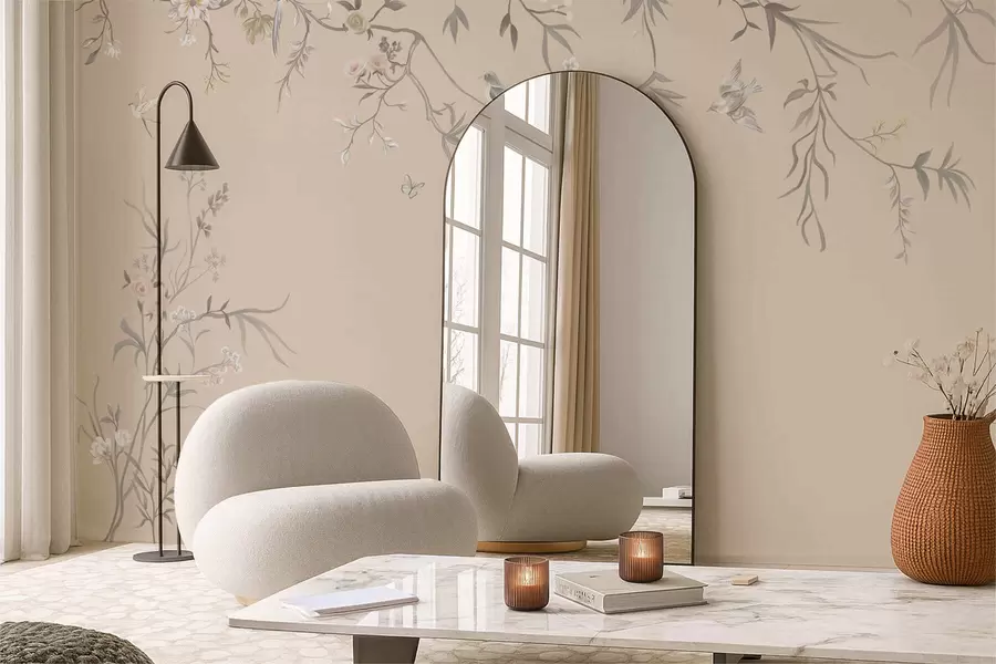 Fototapety Kvetinové vetvy s vtákmi na teplom béžovom pozadí w05127v1